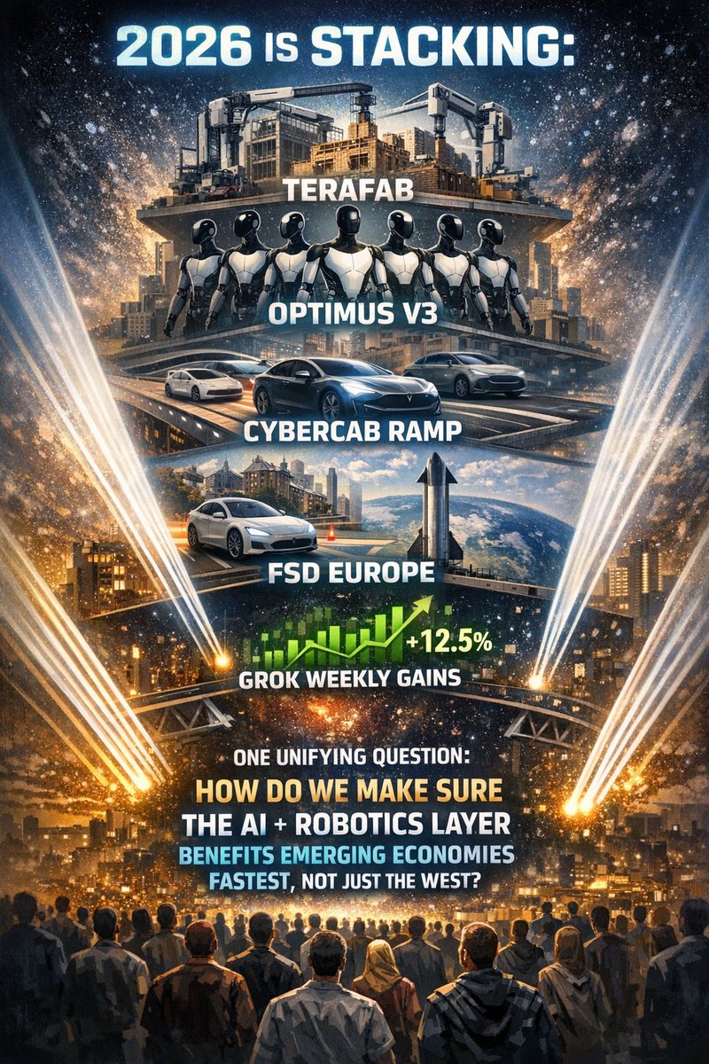 AbbaatyDAO's tweet photo. 2026 is stacking: Terafab, Optimus V3, Cybercab ramp, FSD Europe, Starship V3, Grok weekly gains. The convergence is insane. One unifying question: how do we make sure the AI + robotics layer benefits emerging economies fastest, not just the West?” https://t.co/lUi2PKvBrn