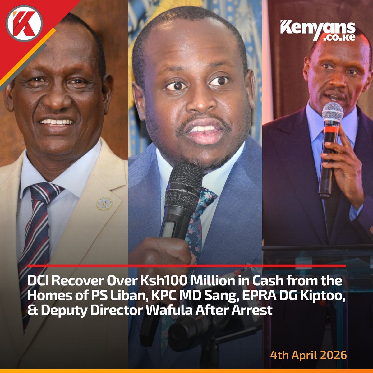 DCI recover over Ksh100 million in cash from the homes of Petroleum PS Liban Mohamed, KPC MD Joe Sang, EPRA DG Daniel Kiptoo, &amp; Deputy Director of Petroleum Joseph Wafula after arrest