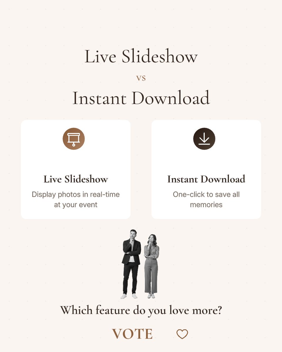 eventpixelapp's tweet photo. Which EventPixel feature wins your heart? 🤎
Live Slideshow or Instant Download?
Photos or Videos?
Guestbook or RSVP?

Drop your vote below 👇
Your favorite = your vibe ✨

#EventPixel #EventTech #WeddingTech #EventPlanning #WeddingIdeas https://t.co/TYt5BkObB3