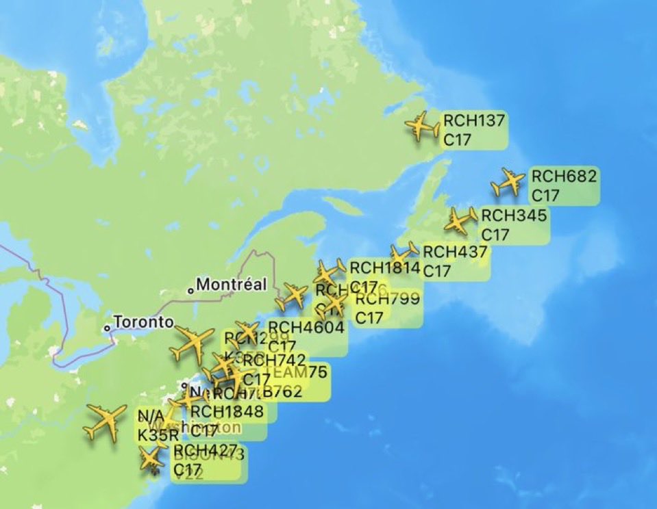 BREAKING:Major US military buildup underway in Middle East, dozens of C-17 aircraft delivering additional troops.

Largest movement seen since start of the war, signaling possible preparation for a ground invasion.Long stream of US Air Force C-17 jets now crossing Atlantic with