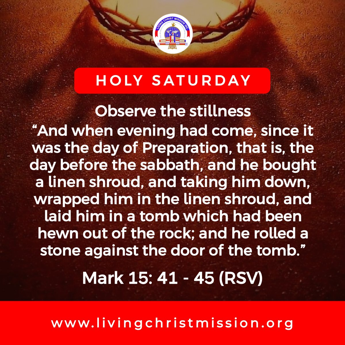 LivingChristLCM's tweet photo. #HolySaturday

Observe the stillness

“And when evening had come, since it was the day of Preparation, that is, the day before the sabbath,and he bought a linen shroud, and taking him down, wrapped him in the...” ~Mar 15: 41-45

#LivingChristMission
#DaddyHezekiah
#EasterHolyWeek https://t.co/KtN34VVRrk