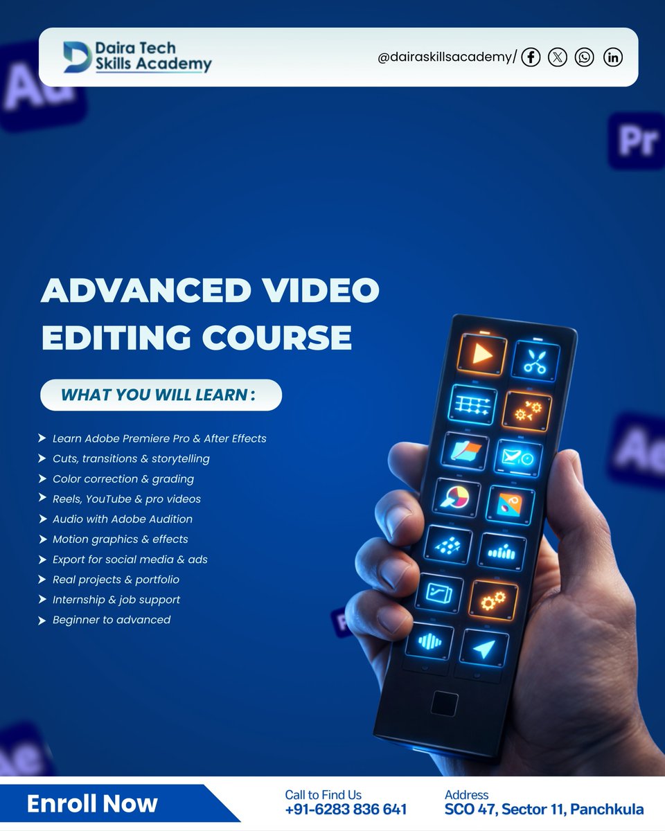 DairaTech's tweet image. Go from beginner to Pro Video Editor with Daira Tech Skills Academy. 🎞️ Your high-paying creative career starts here!

#VideoEditing #LearnVideoEditing #PremierePro #AfterEffects#PanchkulaEducation
