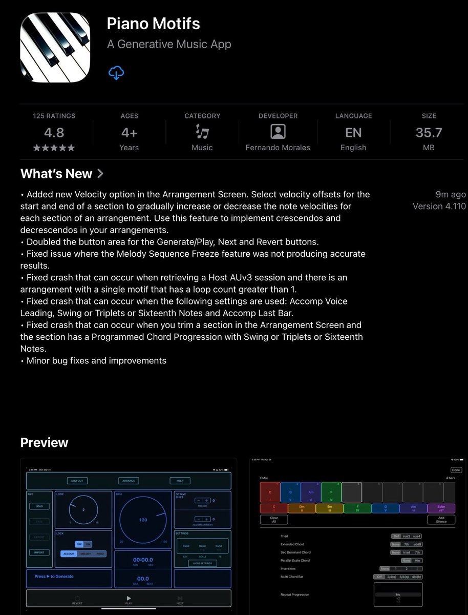 Azul3dApps's tweet photo. A new version of Piano Motifs (v4.110) is now available. You can now gradually increase and decrease the note velocities in arrangement sections. Try it out!
#generativemusic #ipadmusic #musicapp #midi #midiloops #musicproducer #iosapps #iphonemusic #auv3 #musicideas #pianomotifs https://t.co/kdLLGeBmFL
