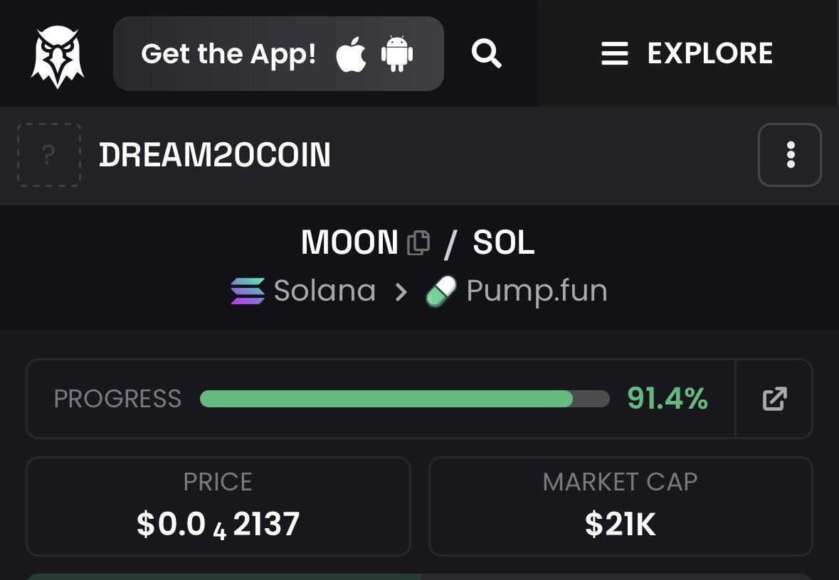 Dream20Coin's tweet photo. 🚀 DREAM20COIN ($MOON) is HEATING UP on https://t.co/E2my0KMvFq!

91.4% through the bonding curve 🔥
Only $21K market cap — we’re still super early!

Dreams are turning into value. Don’t sleep on this one.

Join the moon mission now 👇

CA:
8JsMwwYJNePMBud98Atceh8X3Hf6rLhgiFbC8eyepump

#DREAM20COIN #MOON #Solana #PumpFun #Memecoin #Crypto #100x