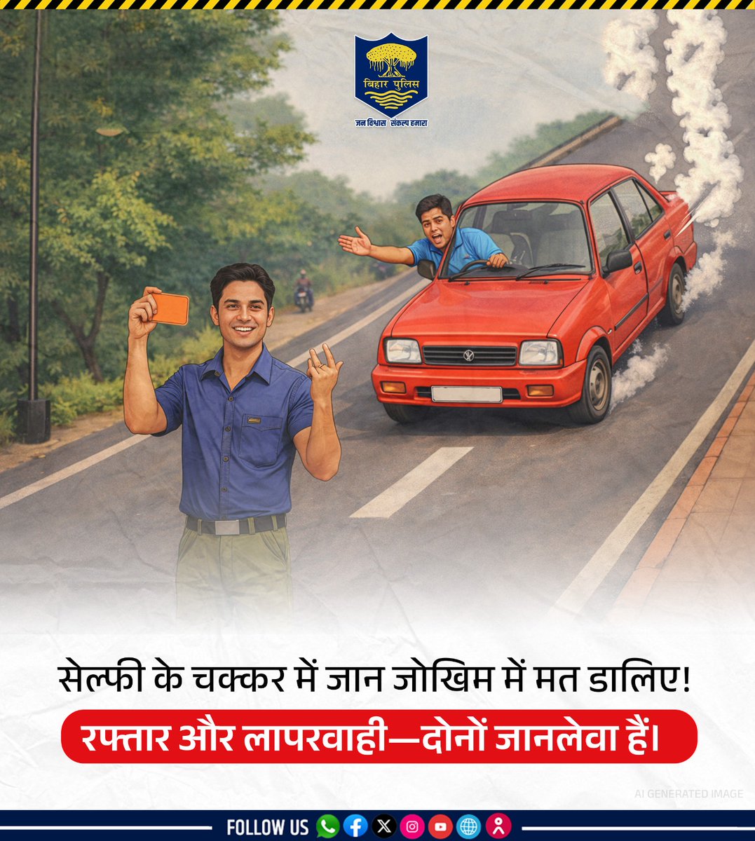 bihar_police's tweet image. सेल्फी के चक्कर में जान जोखिम में मत डालिए!
रफ्तार और लापरवाही-दोनों जानलेवा हैं।
.
.
#BiharPolice #safetyfirst #awareness #FollowTrafficRules #bihar 
@BiharHomeDept  @IPRDBihar