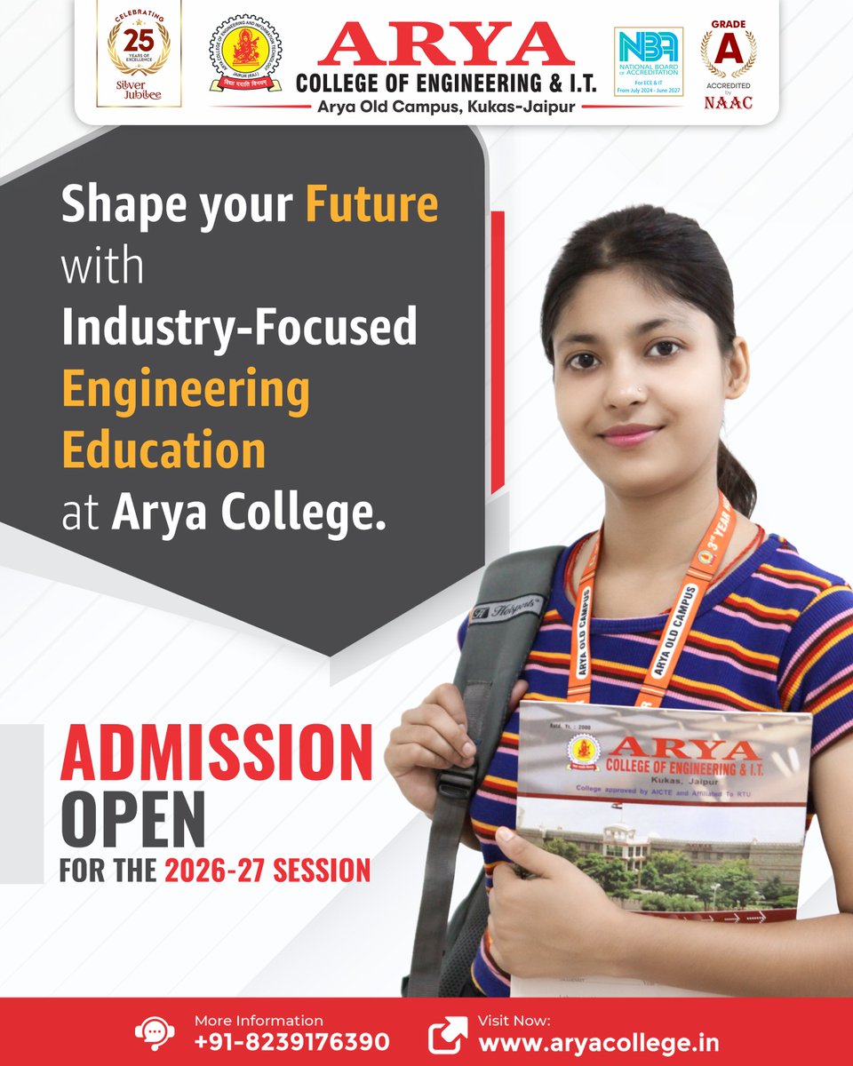 aryacolleges's tweet image. Step into a world of innovation, opportunities, and industry-focused learning. At Arya College of Engineering &amp;amp; IT, we don’t just teach — we prepare you for real-world success. 
Your journey towards a successful engineering career starts here!
#AdmissionsOpen #EngineeringLife