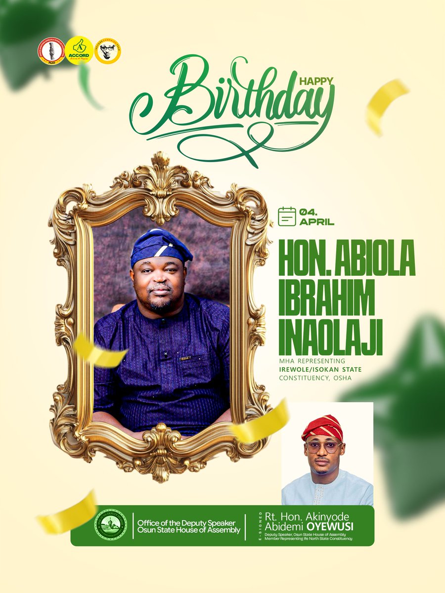 Happy Birthday to Hon. Abiola Ibrahim Inaolaji, my distinguished colleague representing Irewole/Isokan Constituency and Chairman, House Committee on Works.

I join family, friends, and constituents in celebrating your life of dedication to public service, legislative