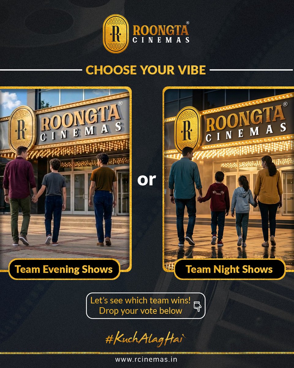Your weekend = Your choice 🎥✨
Romantic evenings or thrilling night shows? 😍🔥
Tell us your pick and we’ll see who wins!

#ThisOrThat #MovieChoice #WeekendVibes #CinemaPoll #MovieNight #RoongtaCinemas #KuchAlagHai #RoongtaEntertainment
