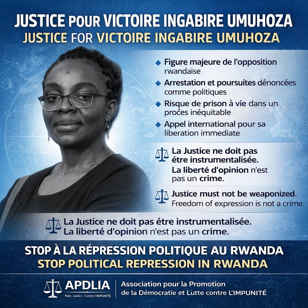 🚨📢 Le communiqué conjoint de la  HUMAN RIGHTS FOUNDATION, FREEDOM NOW et la LANTOS FOUNDATION appelle à la libération immédiate de l’opposante rwandaise Victoire Ingabire UMUHOZA. 

La Cour suprême du #Rwanda a rejeté en mars 2026 son recours contre son arrestation de juin