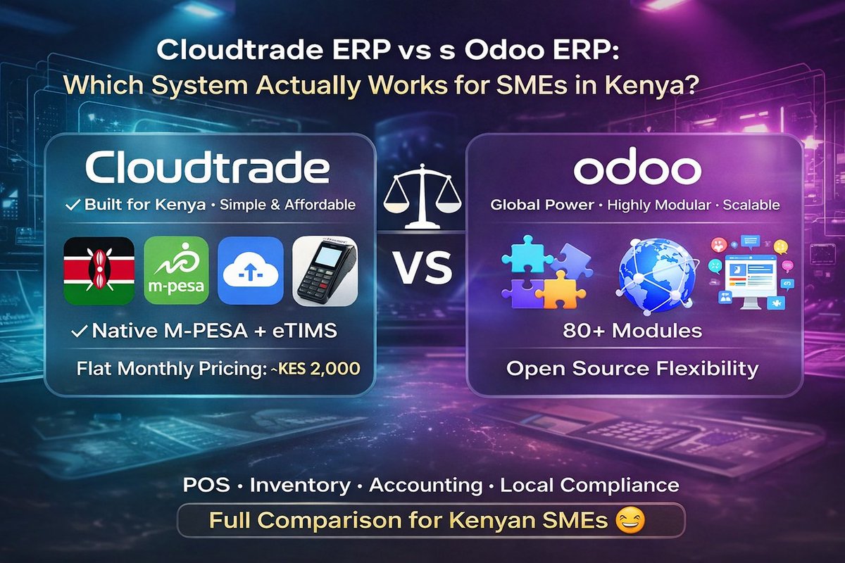 pall7613's tweet photo. Choosing the right ERP for your Kenyan SME?  
I compared Cloudtrade ERP&amp;POS vs Odoo:
• Cloudtrade ERP &amp; POS → Built for Kenya, affordable
• Odoo → Highly modular &amp; customizable
Which one fits your business best?  Full comparison on the blog https://t.co/j9s9Flz9pK https://t.co/klC2ssf28X