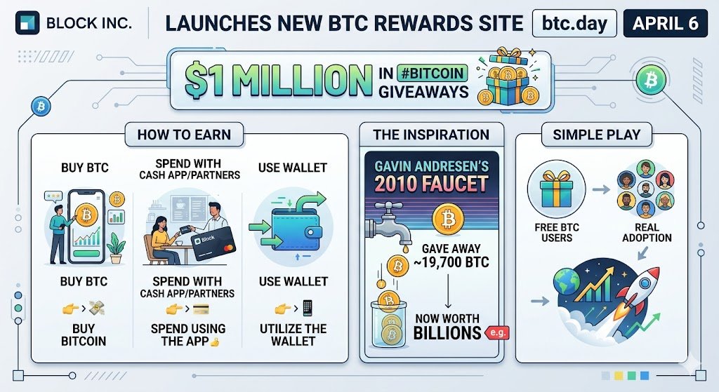 🟢 #Block Inc. launches a new #BTC rewards site (btc.day) on April 6

💰 Up to $1M in #Bitcoin giveaways

👉 Earn by buying, spending, or using their wallet

🔁 Inspired by Gavin Andresen’s 2010 #faucet that gave away ~19,700 $BTC (now worth billions 🔴)

#CRYPTO