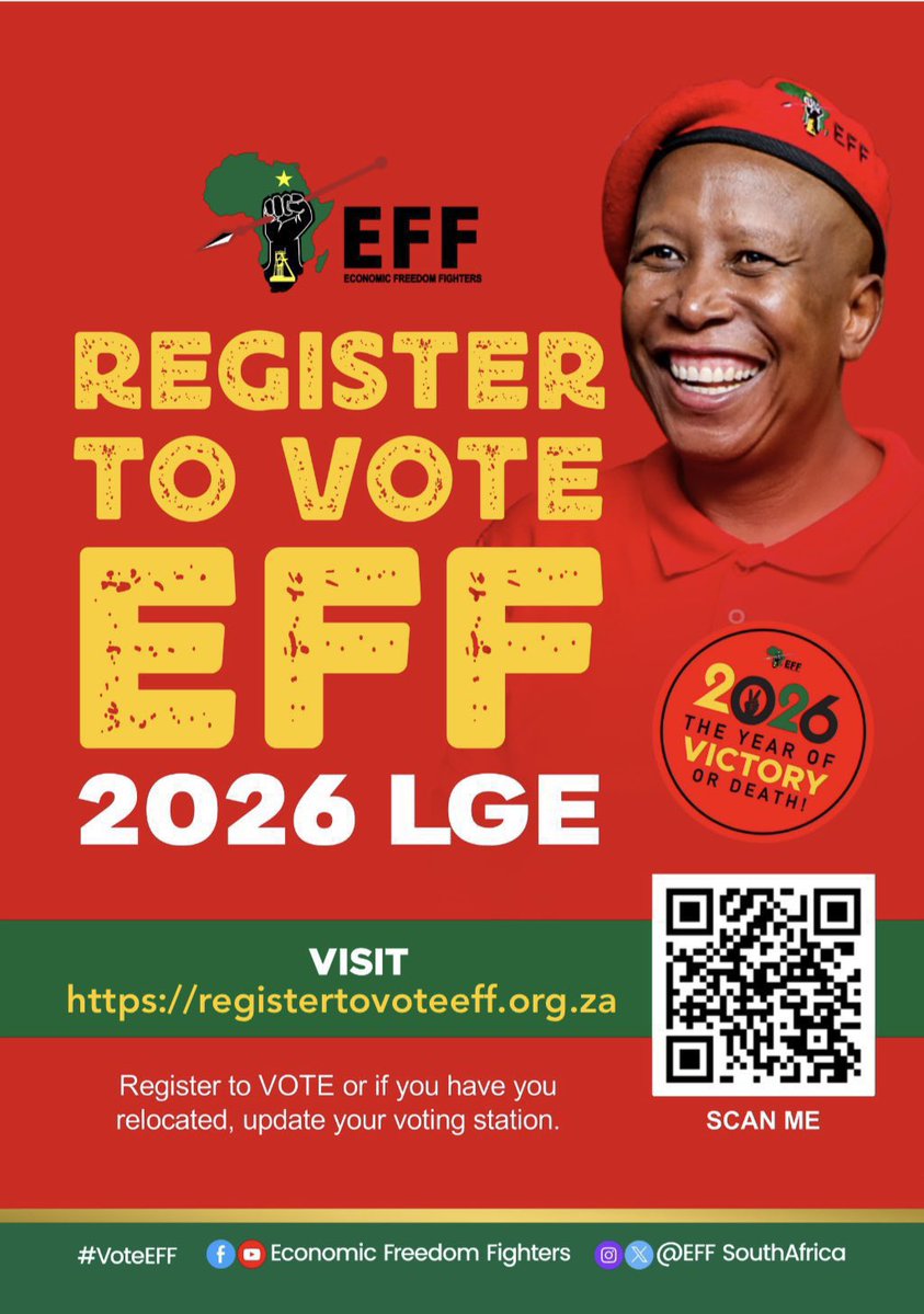 EFFSouthAfrica's tweet image. #RegisterToVoteEFF  In The 2026 Local Government Elections! 

Visit: registertovoteeff.org.za and follow the simple steps to complete your registration.