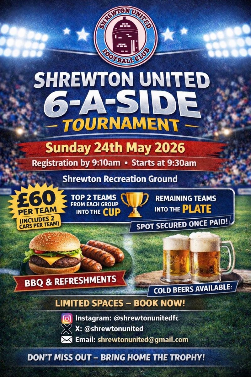 ShrewtonUnited's tweet photo. It’s that time again, our 6 a-side tournament will be taking place on Sunday 24th May 2026⚽️ 

Contact us on any socials or email address to get an application form. We are limited to 40 teams so get in quick! https://t.co/YRfKVUTYLt