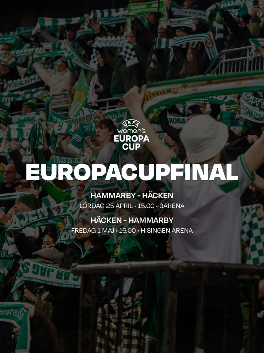 hammarbyfotboll's tweet photo. Europacupfinalerna är spikade! 🗓️

Vinnaren i turneringen utses genom ett dubbelmöte på hemma- och bortaplan och det står nu klart att Hammarby inleder finalmötet på 3Arena den 25 april. Returmötet spelas sedan den 1 maj på Hisingen.

#Bajen https://t.co/mMr9hwrCxQ