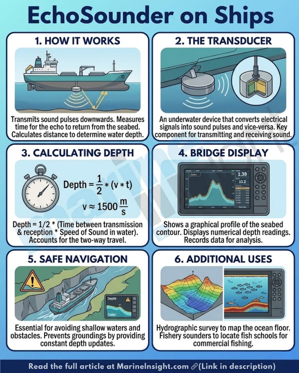 MarineInsight's tweet image. Ever wondered how deep the ocean is below your ship's hull? Its the EchoSounder. 

Read more 👉 marineinsight.com/what-is-an-ech…

#MarineSafety #NavigationTech #Dredging #Fisheries #Hydrology #OceanMapping #SafeSailing #SeaTech #UnderwaterTech #Transducer #Sonar #Navigation