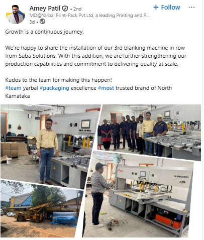 It’s a proud moment for us to see our 3rd blanking machine installed and contributing to your growing production capabilities. Being a part of your expansion journey means a lot to us.

Thank you for choosing Suba Solutions and for your confidence in our technology.
