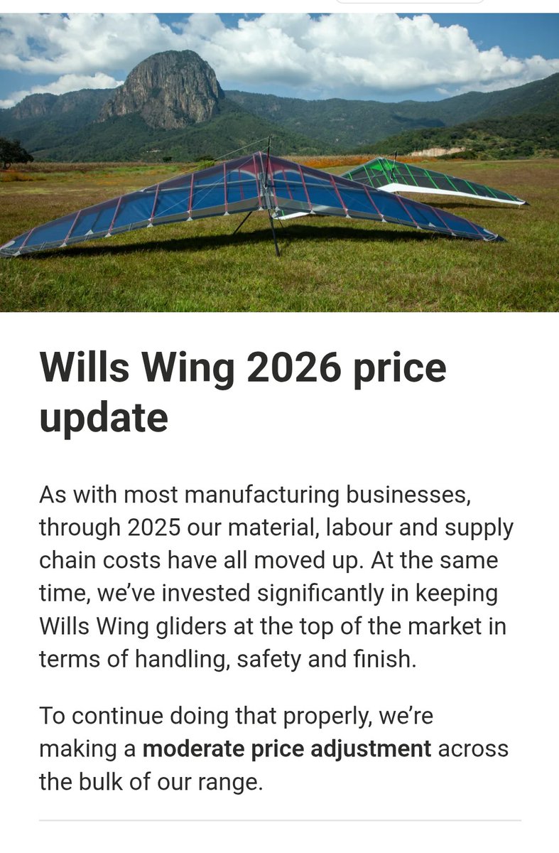 willswingmxjp's tweet photo. 価格改定のお知らせ
メーカー側の値上げにより国内販売価格も4月からのご注文分から改定となります。各種グライダー、セール単体の価格がモデルによって7〜15%程度のupとなります。ご理解の程お願い申し上げます。国内価格は為替変動性としておりますので、お手数ですが都度お問い合わせください。 https://t.co/0MBgBABuUV