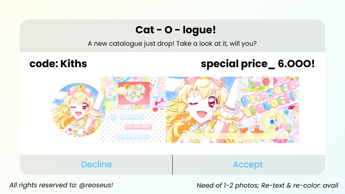 sungchaneu's tweet photo. help repost, thankie! ♥︎ #zonauang

since 4.4 is here, i present you LAYOUT BY REQ with > special price! < of 8.000 &amp; 6.000 untuk 4 katalog di bawah ini! promo available until __ April 8! place your pict on reply section below, thru' my dm or telegram! xx, thankie. ♥︎ https://t.co/4wZRlwGRwL