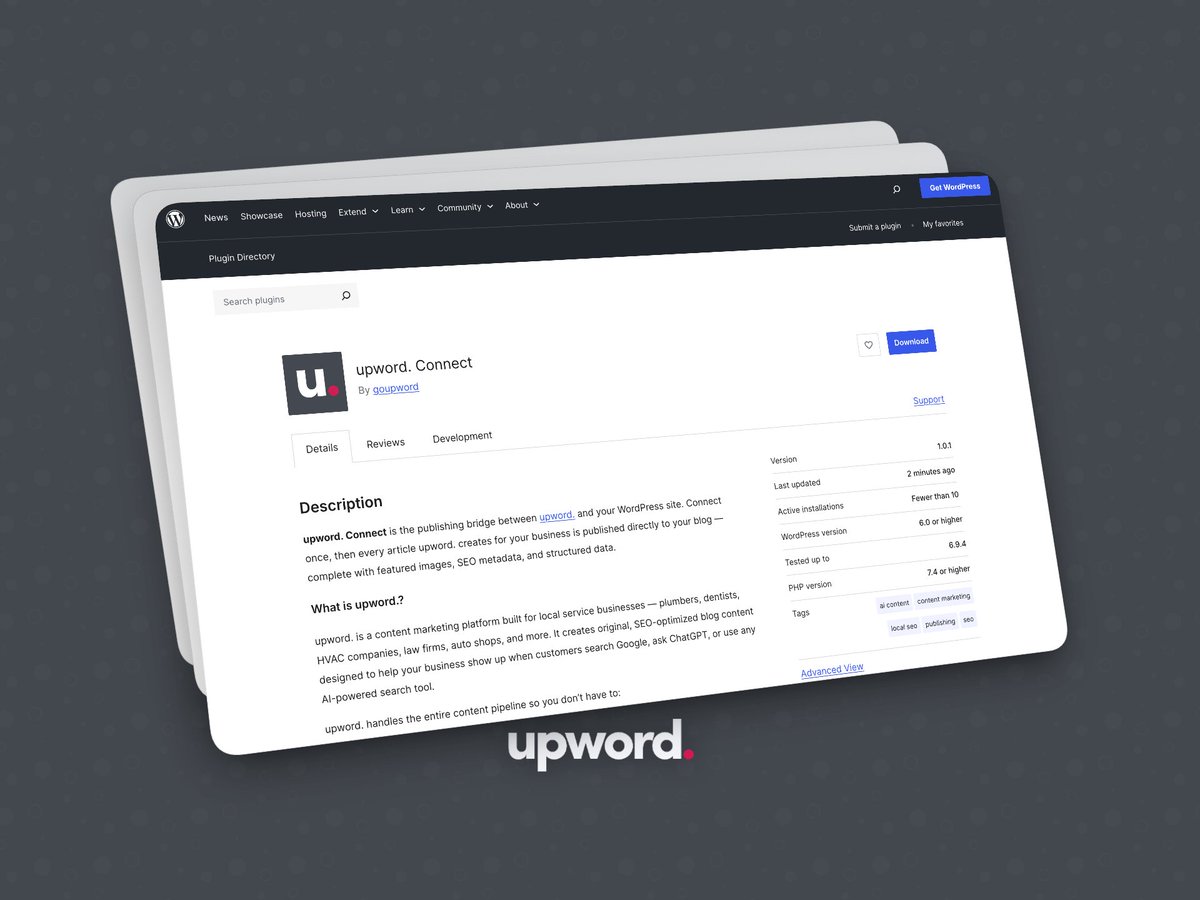rahilpirani's tweet image. Just shipped my first public WordPress plugin.
Getting it approved was a process. Worth it.
upword. Connect auto-publishes AI content to clients' WP sites. One click to connect.

#WordPress #LocalSEO #AgencyLife

wordpress.org/plugins/upword…