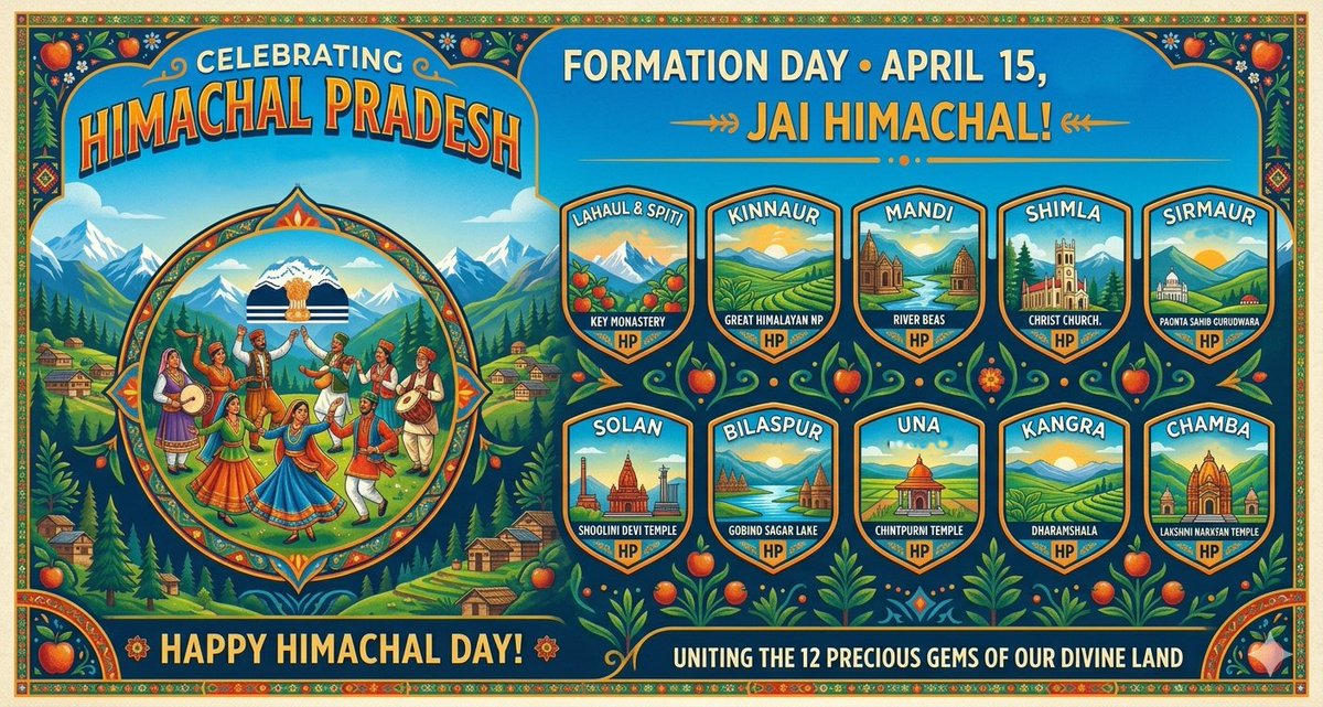 Lokbhavanhp's tweet photo. April 15th is celebrated annually as #HimachalDay in Himachal Pradesh, marking the formation of the state on this day in 1948.
Celebrates the birth of the state as a Chief Commissioner's Province on April 15, 1948.
#HimachalPradesh #HimachalDay #formationday
@KavinderGupta https://t.co/YZfFFKZRmw