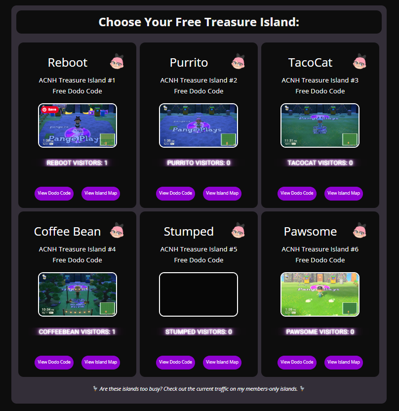pangepange's tweet photo. I'm happy to announce my treasure islands are back online! If you want to visit one of my free treasure islands, now is the perfect time since there's low traffic on my site with the recent downtime. Enjoy your trip! #dodocodes #AnimalCrossingNewHorizons #treasureislands https://t.co/0HCs5Dp0kX