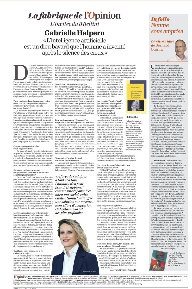 Halpern_G's tweet image. « L’intelligence artificielle est un dieu bavard que l’homme a inventé après le silence des cieux »

Retrouvez mon interview dans @lopinion_fr à l'occasion de la parution de mon livre "Intelligence artificielle: et l'Homme créa Dieu" #IA #Dieu #chatGPT