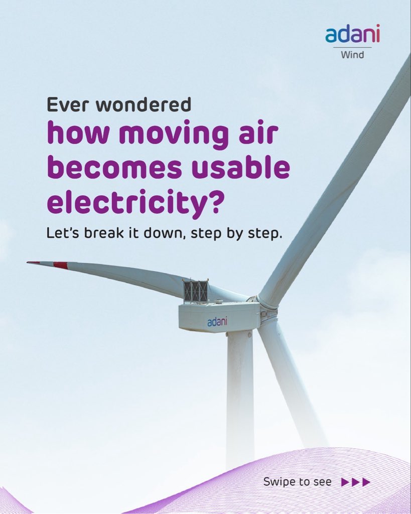 AdaniWind's tweet photo. Ever wondered how wind becomes electricity?
From moving air to clean power in the grid, Adani Wind transforms wind into reliable energy for homes, businesses, and communities.
Follow our #WindWisdom series for more.
#AdaniWind #WindEnergy https://t.co/KtmlSoCYo5