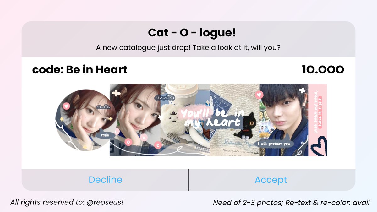 sungchaneu's tweet photo. help repost, thankie! ♥︎ #zonauang

since 4.4 is here, i present you LAYOUT BY REQ with > special price! < of 8.000 &amp; 6.000 untuk 4 katalog di bawah ini! promo available until __ April 8! place your pict on reply section below, thru' my dm or telegram! xx, thankie. ♥︎ https://t.co/4wZRlwGRwL