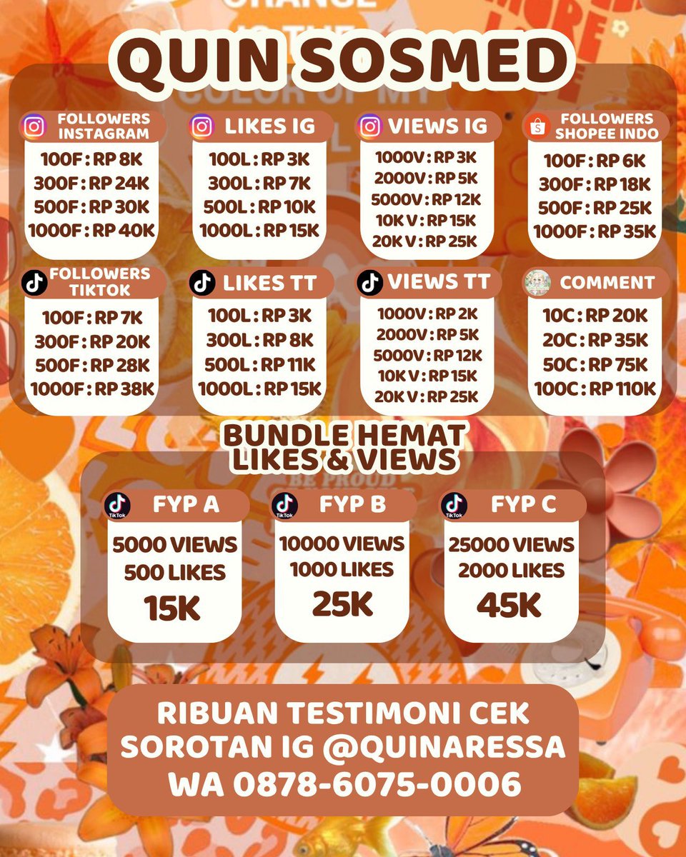 bqoomin's tweet photo. Raedyyye! Testimoni 5RB++

Openkzz Jual Jasa Followers Ig Tiktok Wts Wtb Shopee Indonesia Indo Murah Likes Views View Like Buzzer Beli Comment Komentar Zonauang RujakCingur Komen Saves Shares Folls Foll Upfoll Penambah Suntik Reels Vt

Order WA 087860750006🍊✨ https://t.co/303S2glNpY