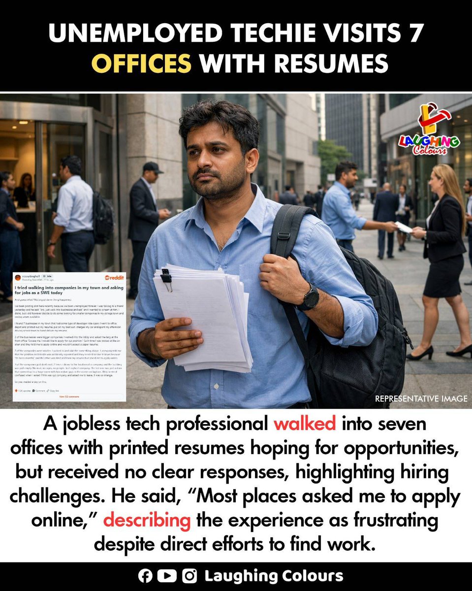 LaughingColours's tweet image. Techie visits offices for jobs 😔

#JobSearch #Unemployment #TechLife #CareerStruggles