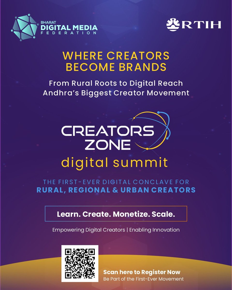 BharatDMF's tweet photo. Empowering Creators. Enabling Innovation. ✨

#CreatorsZone - Digital Summit 🌐

A first-of-its-kind digital conclave uniting voices from rural, regional & urban creators across Andhra Pradesh.

Be part of the movement 🤝

👉 Register Here: https://t.co/KpJK1Hd1Mi

#BharatDMF #RTIH #DigitalSummit