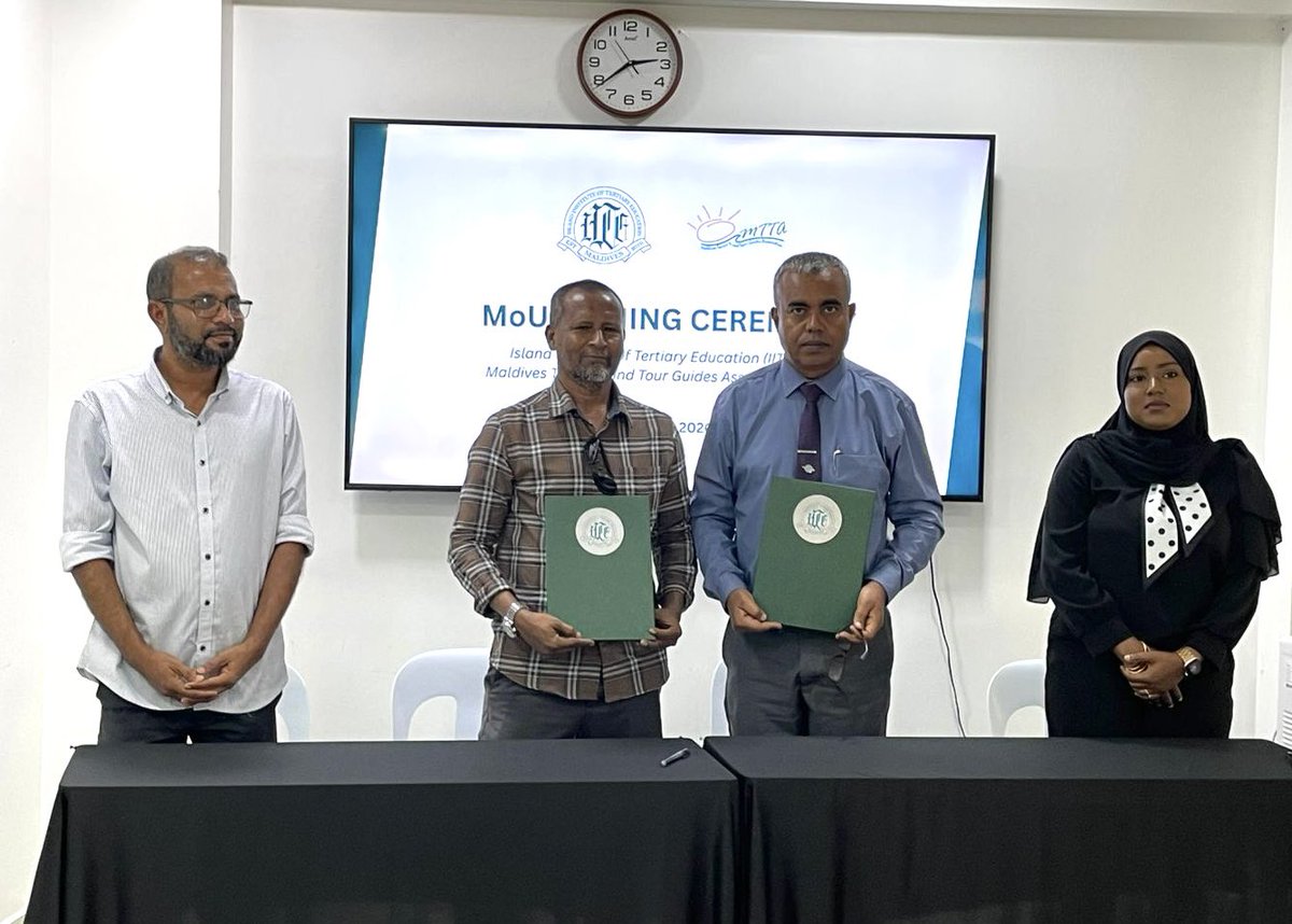 iite_mv's tweet photo. The Island Institute of Tertiary Education (IITE) has signed a Memorandum of Understanding (MoU) with the Maldives Tourism and Tour Guides Association (MTTA) to strengthen collaboration in the field of tour guiding. #tourguide #tourism #tour #training #striveforsuccess https://t.co/zWusL1Kgq8