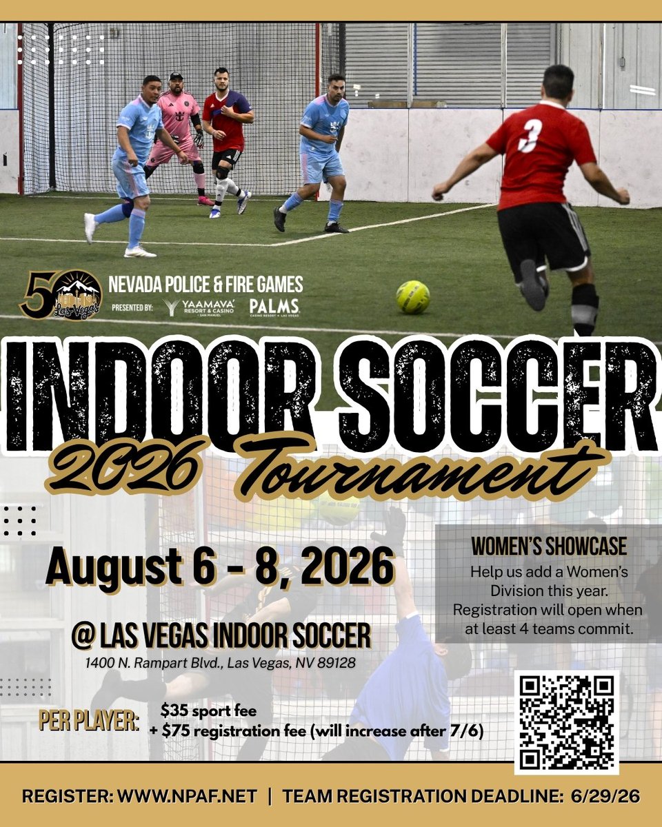 NPAF's tweet photo. Step onto the turf for our Indoor Soccer Tournament. 

TOURNAMENT DATES
August 6–8, 2026

LOCATION
Las Vegas Indoor Soccer

Learn more and register:
https://t.co/ZoqqfAulIW https://t.co/ncIQXkEiee