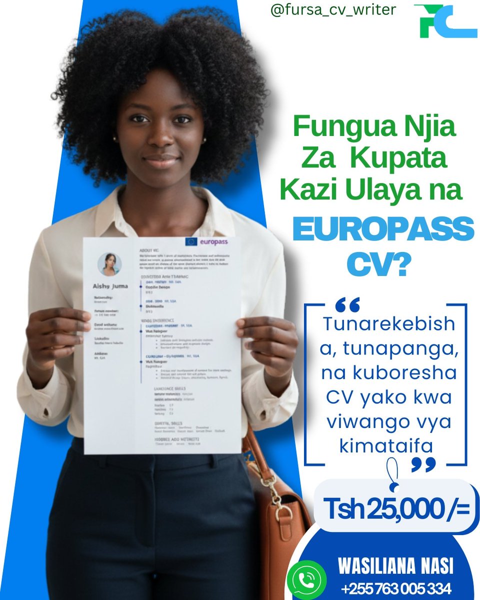 fursacvwriter's tweet photo. Unafuta Scholarship, Internship au kazi za Ulaya?

Zote zinahitaji Europass CV.
Europass CV ni lugha ya waajiri wa Ulaya 

Sisi tunakutengenezea Europass CV kwa usahihi na kufuata miongozo ya EU.

 ☎️DM “EUROPASS CV” :👇 
https://t.co/JZtc5ROeDX https://t.co/L6P3DfRqEw