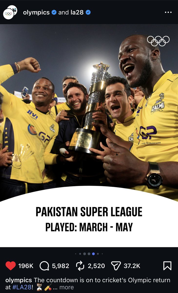 Olympics Instagram post on T20 leagues around the world. 🌍 

- Peshawar Zalmi, the face of PSL. 💛
BEST LEAGUE IN THE WORLD PSL 🔥🥶