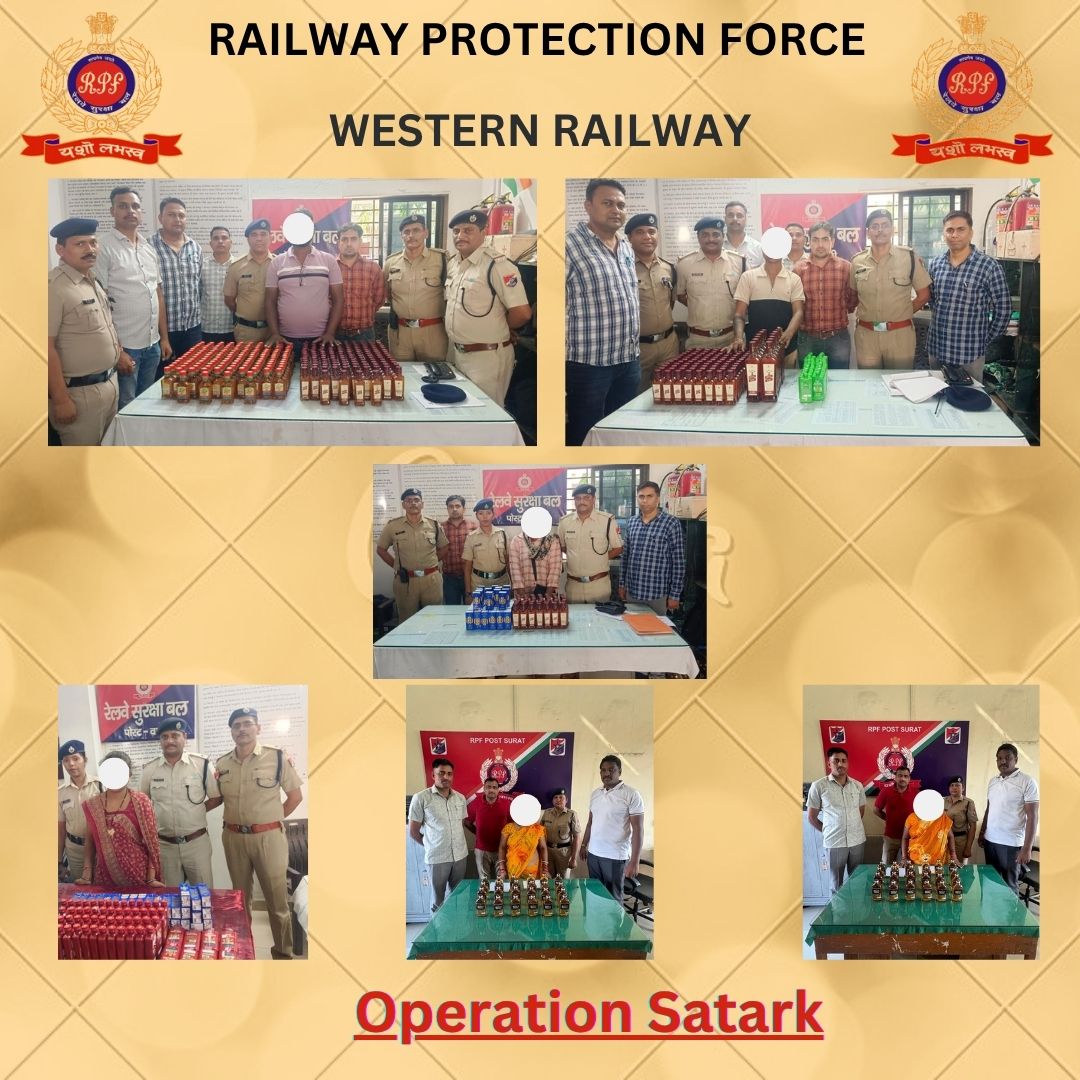 rpfwr1's tweet photo. #OperationSatark
03 April 2026 RPF Western Rly caught 06 bootleggers with 725 Nos English illicit liquor worth Rs. 54464/- at Vapi &amp; Surat stations. They were handed over to GRP for further legal proceedings.
@RPF_INDIA https://t.co/mI4ai7Iv3U