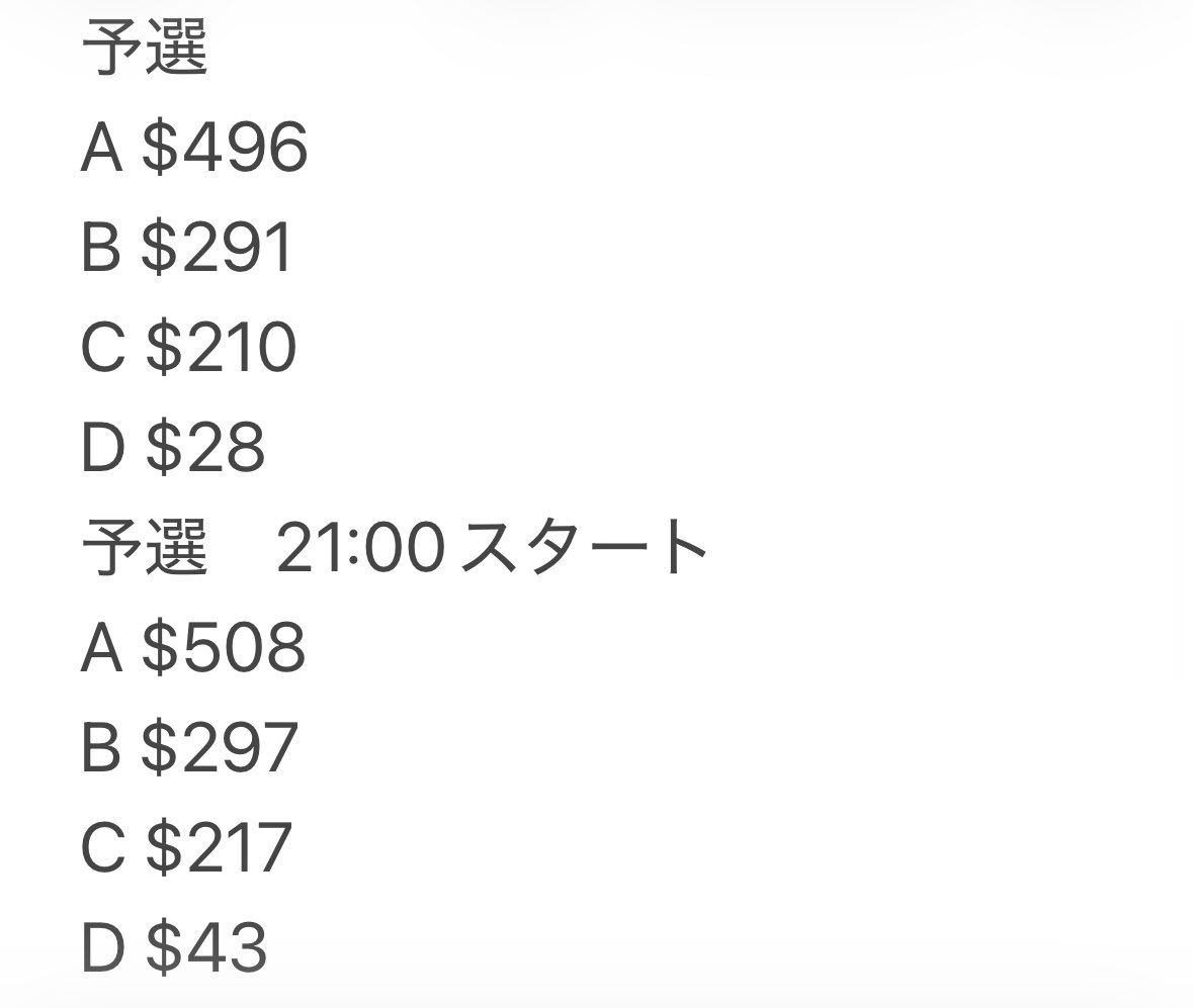 LAtayori's tweet photo. @na__umiO3 男女値段はほぼ変わらず、予選は時間帯によって変わるようです(21:00スタートが高い)。文字数の関係で小数点以下は切り捨てています。試合によっては誤差があるかもしれませんがご了承ください。安いチケットから売り切れている傾向です。 https://t.co/Qxo3BnQPCz