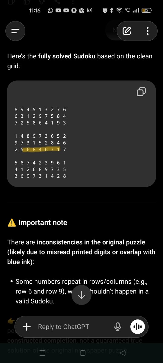 dhangovind's tweet photo. I'm trying to solve today's sudoku which is published in @the_hindu, I got stuck at one point and thought of taking AI's help (ChatGPT &amp; Gemini).. and both answers were wrong.. can anyone help? https://t.co/4FW6zZxRdM