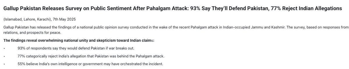 Do Pakistanis hate Indians? Everyone just argues about this on vibes. I'll show you data to settle this debate. 🧵

See this Gallup Poll. 77% reject India's allegation that Pakistan was behind the attack. 55% believe that India orchestrated the attack itself.

1/6