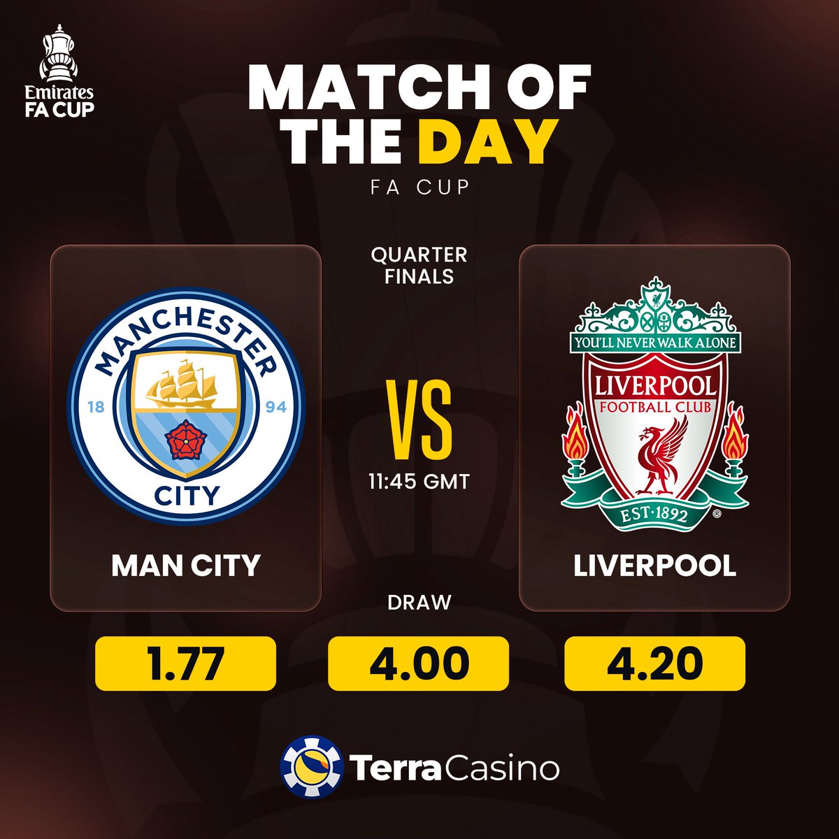 TerraCasino_io's tweet photo. Big one in the FA Cup 👀

Manchester City vs Liverpool
Quarter Final

Two giants. One spot in the semis.

Who’s going through? 🔥

Visit here: https://t.co/Y1WsFzylCr

#MCFC #LFC #FACup #Football #Soccer #CryptoCasino https://t.co/TJR6lDmENJ