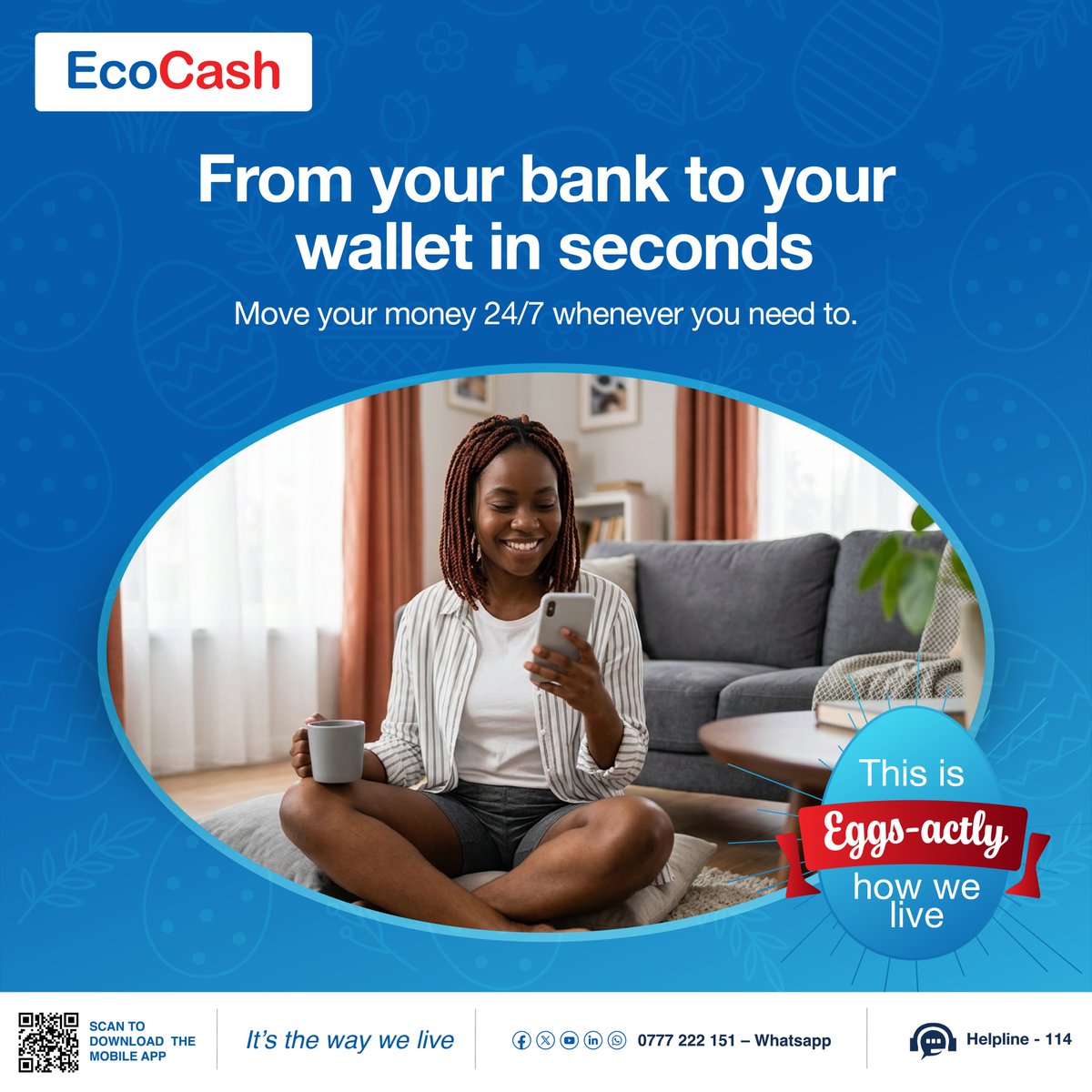 EcoCashZW's tweet image. Transact anywhere anytime 24/7 with EcoCash.

#It’s Eggsactly how we live
