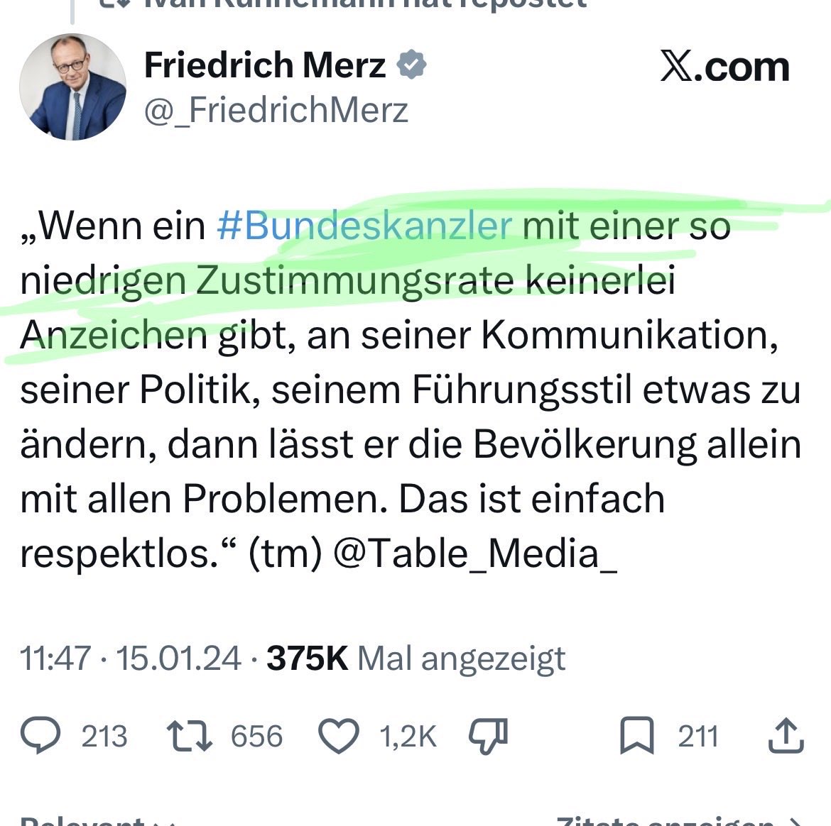 Das hat der jetzige <a href="/bundeskanzler/">Bundeskanzler Friedrich Merz</a> <a href="/_FriedrichMerz/">Friedrich Merz</a> über den alten Bundeskanzler <a href="/KanzlerScholz/">Bundeskanzler a.D. Olaf Scholz</a> vor etwas mehr als zwei Jahren geschrieben. Bin gespannt wann Merz zurücktritt. Seine Umfragen sind noch schlechter als die von Scholz.