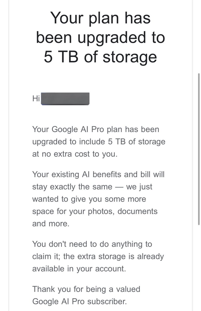 DealsDhamaka's tweet image. Got this email. 5000 GB free with Google Pro

Thanks to the JIO free Plan.
Not a promotion 

#Google
