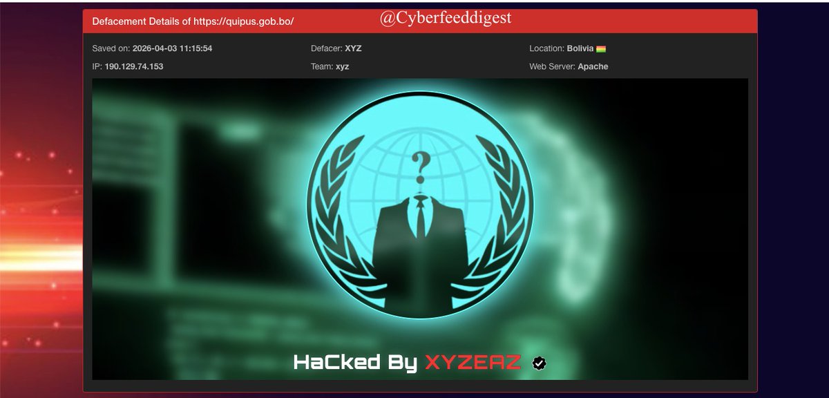 cyberfeeddigest's tweet image. A governmental website of #Bolivia hxxps://quipus.gob.bo/
#Hacked by 
Defacer: XYZ

Team: xyz
#Defacement #Hack