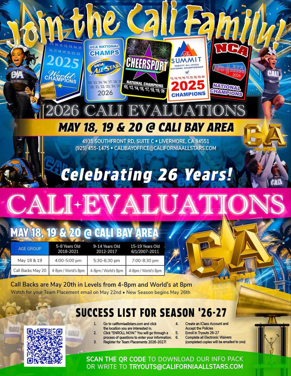 TheCaliAllStars's tweet photo. Seven locations one CALI family.๐ค
If youโre ready to level up, push your limits, and be part of something bigger - this is where it starts. Nowโs your time to join the CALI family!๐ ๐ฅ
Registration goes live 4/15! Packet emailed this week!
#californiaallstars #thisisCALI #allglorygoesup #season26