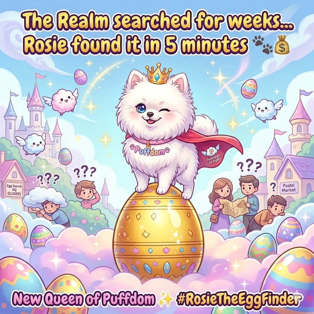 FaRuk172338's tweet photo. @SolQueef Rosie Royal Egg Snatcher 🐶👑 

Realm: Searching for weeks 😩  
Rosie: Found it in 5 minutes + superhero landing 🦸‍♀️💰 

New Queen of Puffdom! ✨ 

@SolQueef #SolQueef #EasterSpecial https://t.co/9IWMIwPsy9