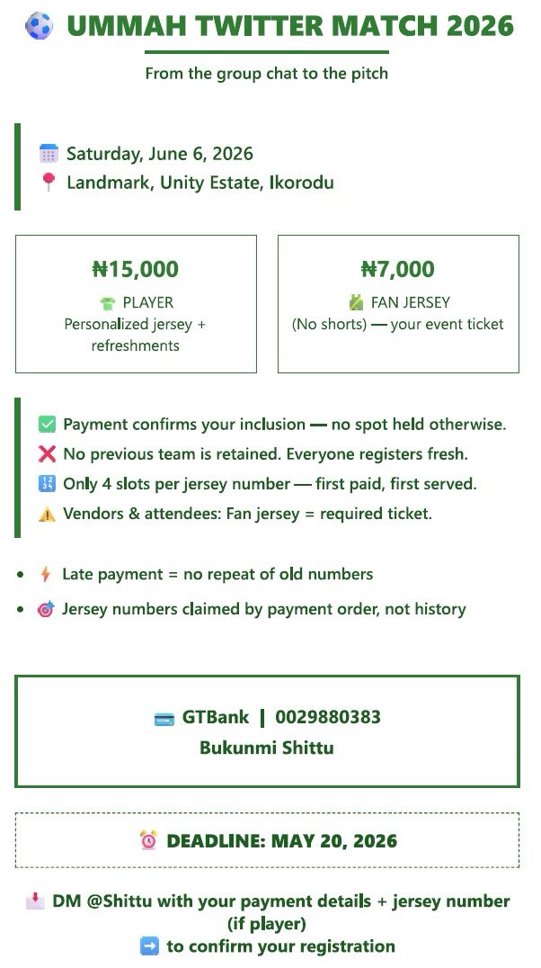 Sdhikrullahi's tweet photo. Please mark your calendar 📅
In sha Allah, this year #UmmahTwitterMatch2026 will be played in league format (first frame).
All the information you need to be part of this is on the second slide.
You can dm your payment details to either @elhabeeb62 @brainadam_ @dansatty or myself to confirm your place