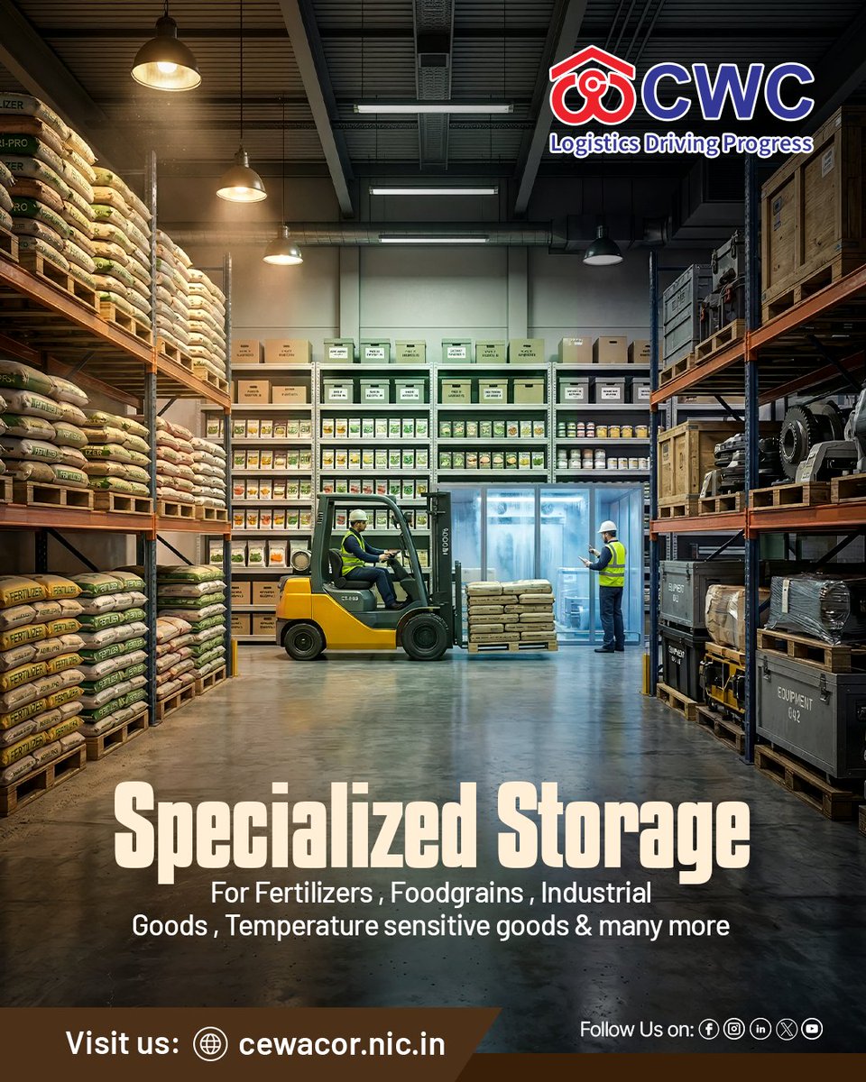 cwc_warehouse's tweet photo. Ensuring safe, efficient, and specialized storage solutions for every sector. From fertilizers to temperature-sensitive goods - we’ve got it covered.

Learn more: https://t.co/0F8yVqmBzp

@JoshiPralhad @PralhadJoshiOfc @fooddeptgoi @blvermaup @Nimu_Bambhaniya @MDCWC @Directorprscwc @Director_FinCWC @Director_MCP

#CWC #LogisticsExcellence #Warehousing