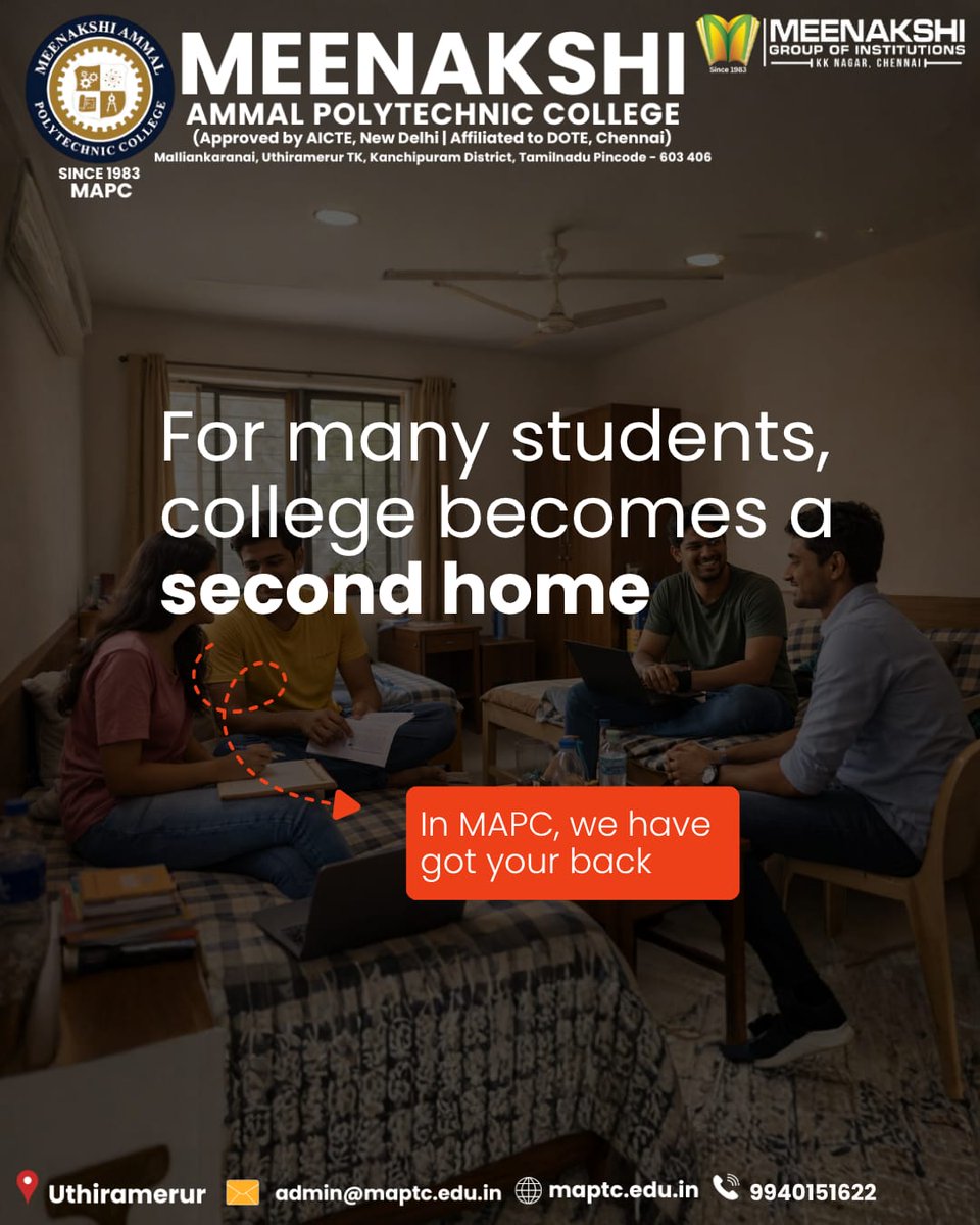 maptc_edu's tweet image. Not just a college… Meenakshi Ammal Polytechnic College feels like home from day one 👀🏠🔥

Website: maptc.edu.in

#meenakshiammalpolytechnic #polytechniccollege #diplomaengineering #studentlifeindia #collegeadmissions