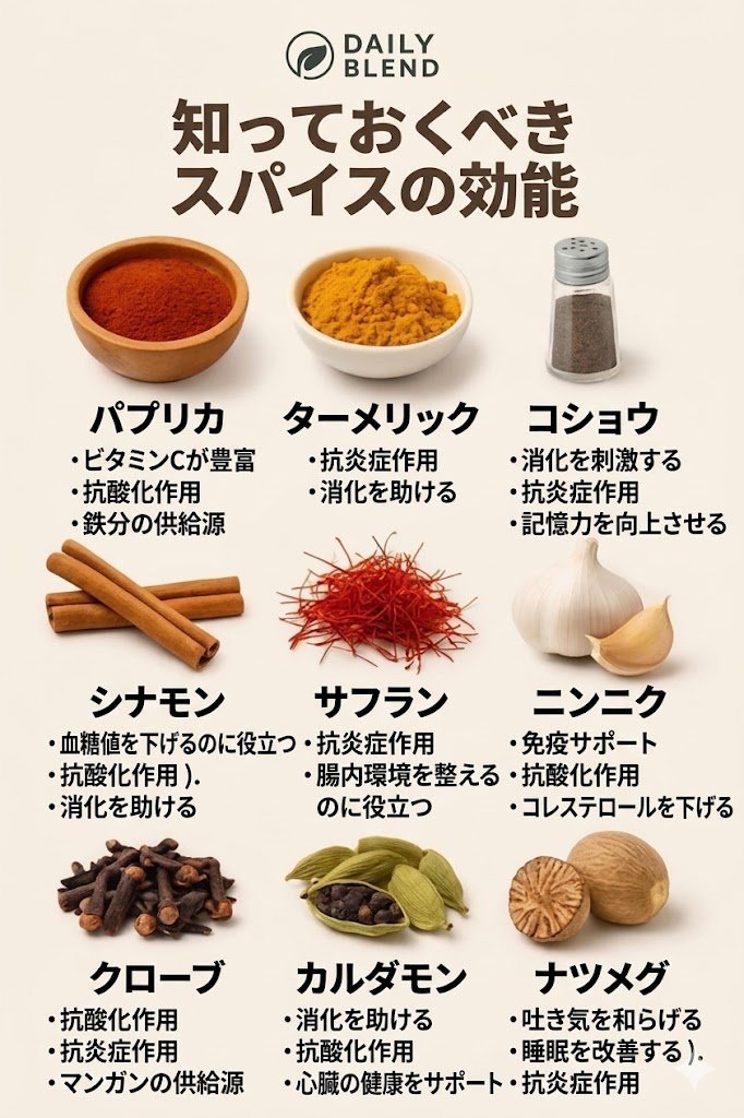 tomisho333's tweet photo. 「なんとなく体に良さそう」で終わらせるの、今日で卒業しませんか？スパイスはもはや「薬」です。
・物忘れが気になるなら「コショウ」 
・最近寝つきが悪いなら「ナツメグ」 
・血糖値が気になるなら「シナモン」
「これ、もっと早く知りたかった…」と思うスパイス、この中にありますか？ https://t.co/Nr5qF5AlXD